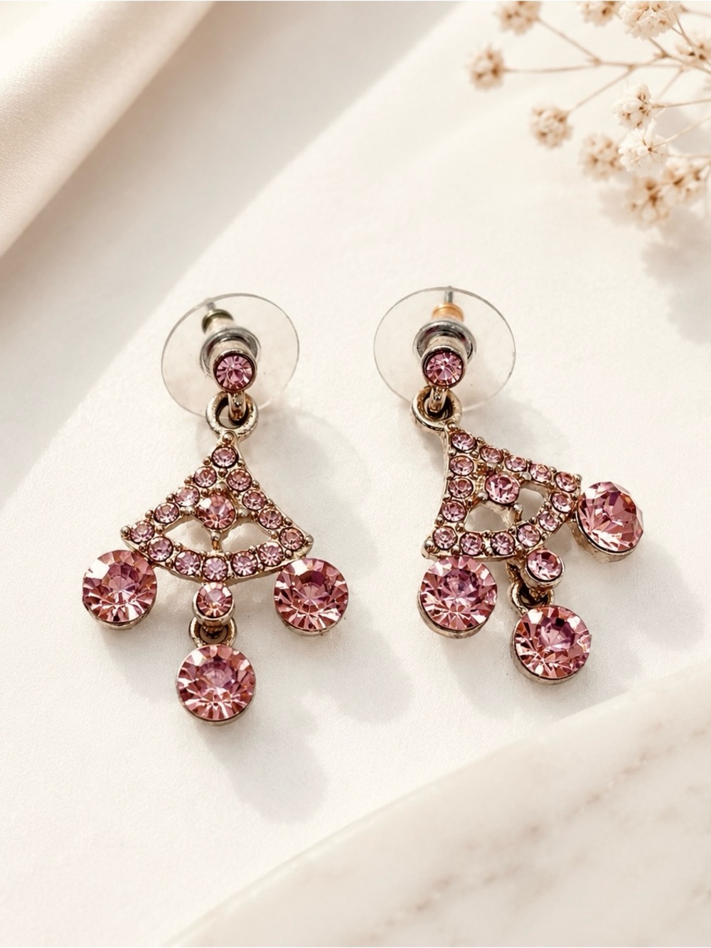 VINTAGE Blush Glass Rhinestone Mini Chandelier Earrings Pierced Dangle 1.25"